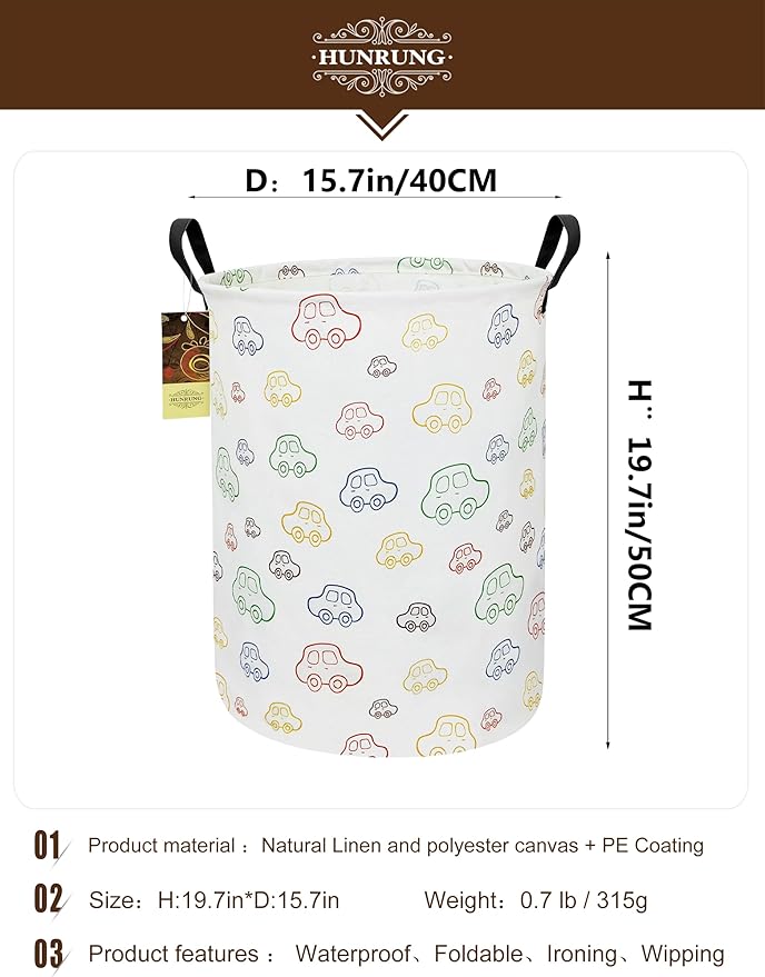 HUNRUNG Laundry Hamper,Large Canvas Fabric Lightweight Storage Basket Toy Organizer Dirty Clothes Collapsible Waterproof for College Dorms???Round-Car???