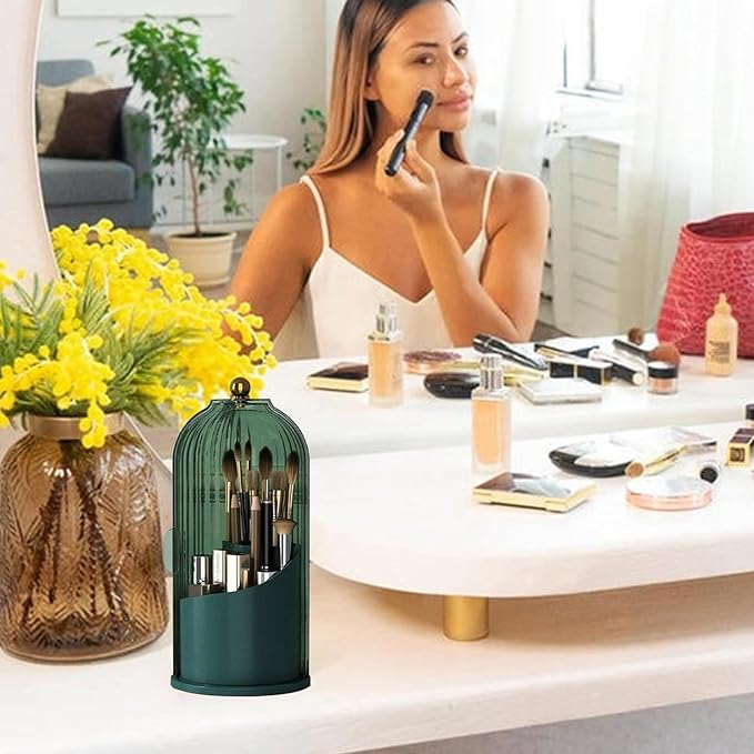 Multi-function Rotating Bird Cage Toiletries Storage Rack ?€? Makeup Organizer, Brush Holder | Transparent Dust-proof Box, 360 Rotating Design for Dressing Tables, Desktops, Bathroom Countertops