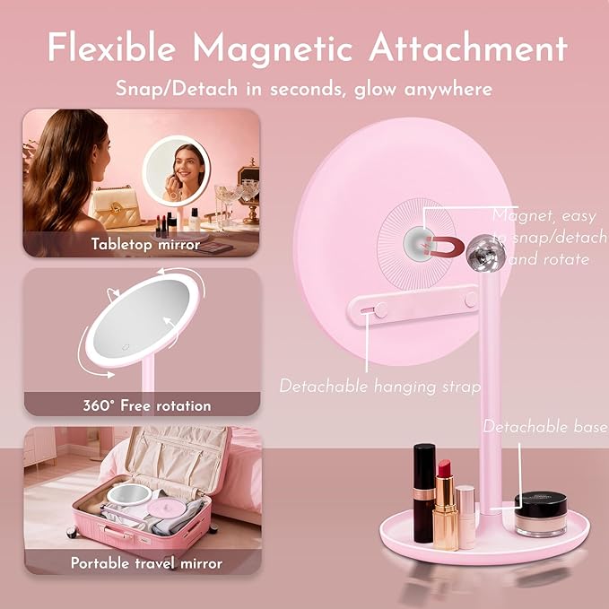 Makeup Mirror with Lights, 4-in-1 Rechargeable Magnetic 360° Rotation Pink Vanity Mirror, 3 Colors & Brightness Adjustable, Detachable, Lighted Makeup Mirror for Desk, Travel