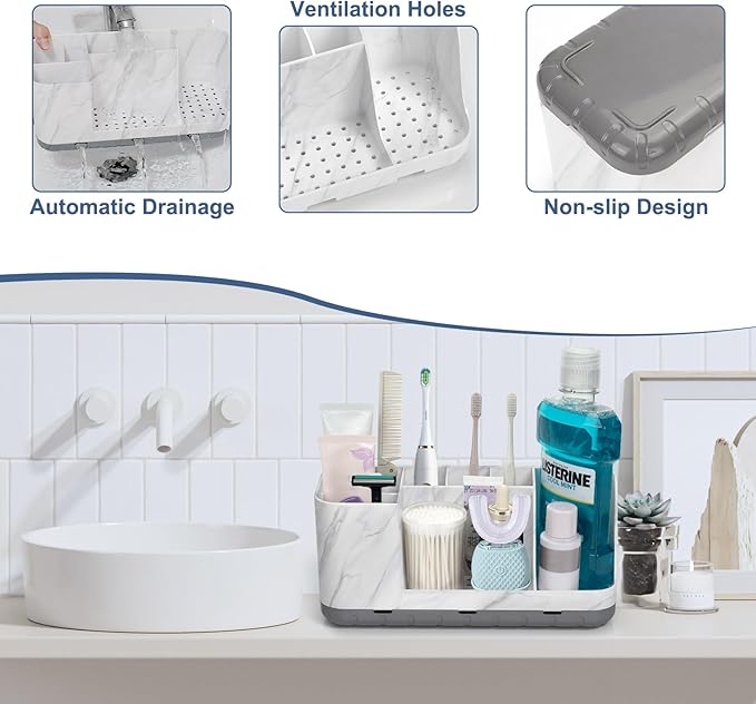 QIYVLOS Bathroom Organizers and Storage, 8 Slots Detachable Toothbrush Holders for Bathrooms, Anti-Slip Bathroom Countertop Organizer with Drainage Hole Vanity Storage (Marble)