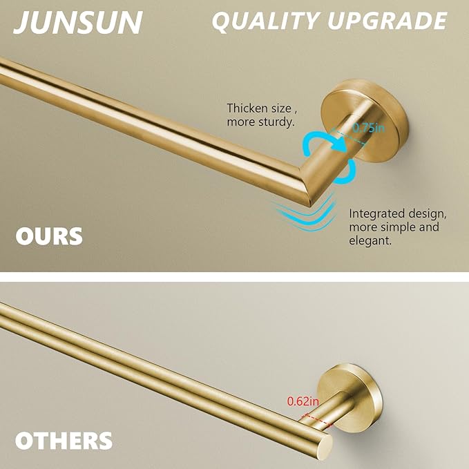 JunSun Bathroom Towel Bar 12 Inch Brushed Gold Towel Racks Wall Mount Bath Hand Towel Holder Modern Home Decor Towel Rod Bathroom Hardware Stainless Steel Towel Hanger Gold Towel Rail Single Towel Bar