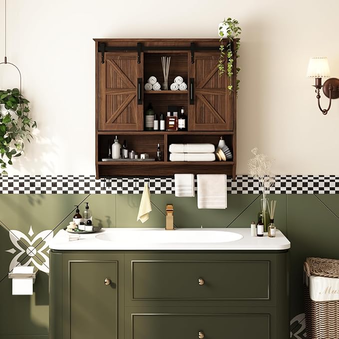 RUSTOWN Farmhouse Bathroom Wall Cabinet,3-Tier Rustic Wood Wall Mounted Cabinets,Vintage Medicine Cabinet with Sliding Barn Door and Adjustable Shelves,Over The Toilet Storage Cabinet (Dark Walnut)