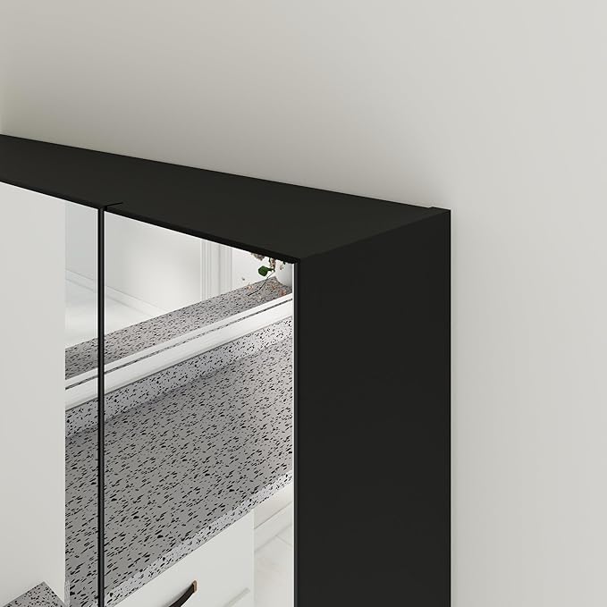 Panana Bathroom Mirror Cabinet Medicine Cabinets with 3 Mirrored Door Wall Mounted Cabinet with Mirror, Storage Shelf with Adjustable Shelves Storage Organizer Kitchen Cupboard (Black, 23.6x23.6 inch)