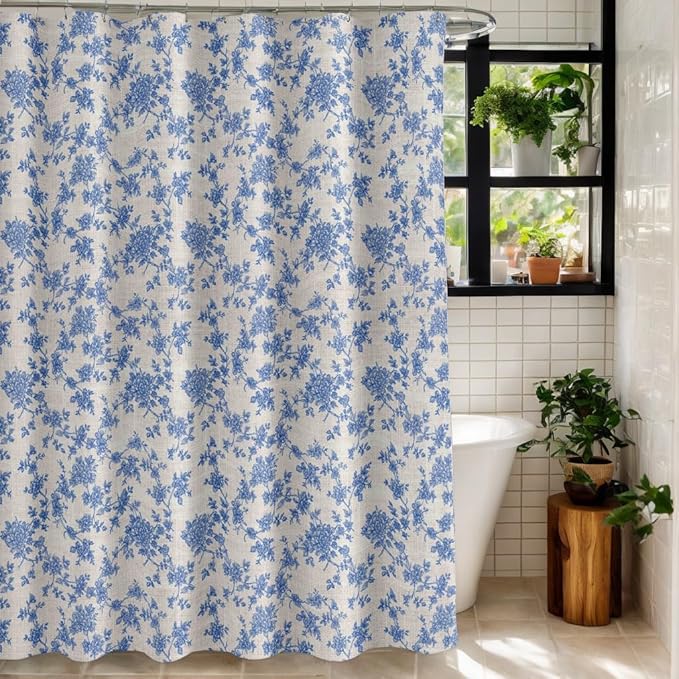 MUGINYU Blue Vintage Floral Linen Shower Curtain-Toile Cottage Core Farmhouse Country Neutral Botanical Bath Curtain for Bahtroom Decor 72x72inch
