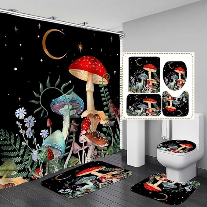 jieprom 4PCS Black Night Mushroom Shower Curtain Bathroom Set with Rugs,Toilet Lid Cover and Bath Mat, Shower Curtain with 12 Hooks, Durable Waterproof Bathroom Decor Set