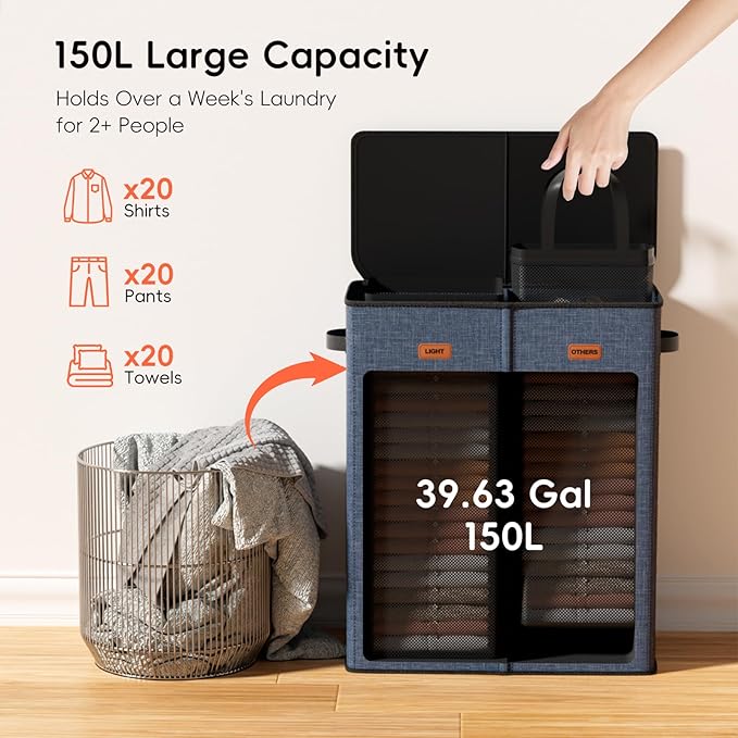 150L Double Laundry Hamper With Lid, Large Clothes Hampers with Removable Bag, Laundry Hamper 2 Section for Bathroom, Bedroom, Laundry Room, Dorm, Navy Blue