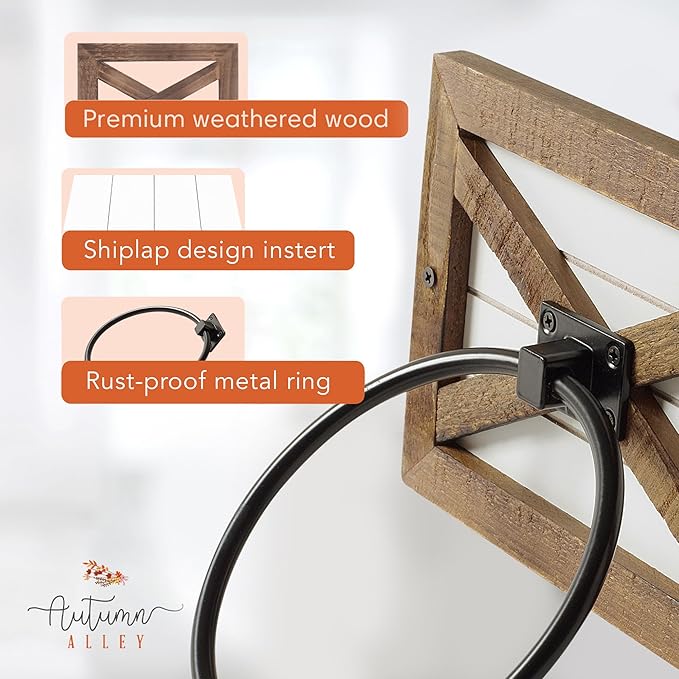 Autumn Alley Farmhouse Decor Hand Towel Ring for Bathroom - Coastal Towel Holder/Rack, Wall Mounted, Mix of Wood, Unique Shiplap & Black Ring