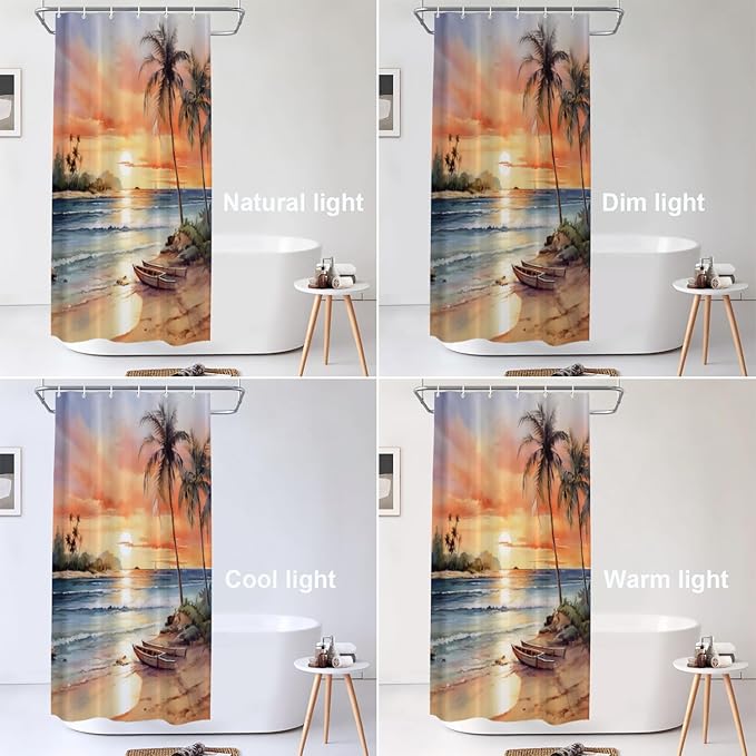 Shrahala Summer Sunset Beach Decorative Shower Curtain, Tropical Seaside Scene Bathroom Décor Polyester Fiber Waterproof with Plastic Rings for Shower Stall Bathtubs 72 X 36 in