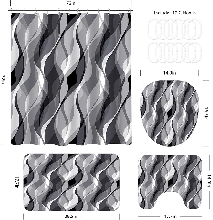 4PCS Grey Abstract Shower Curtain Sets with Rugs, Striped Bathroom Sets with Shower Curtain and Rugs, Modern Bathroom Curtains Shower Set with Toilet Lid Cover for Luxury Bathroom Decor