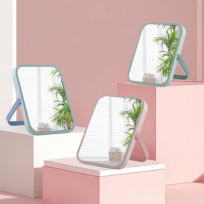 Desk Makeup Mirror 6 x 7 inches Table Mirror with Foldable Stand and Hanging Hole for Shaving and Travelling, Perfect for Dorm Room Cabinets, Refrigerator, Office.