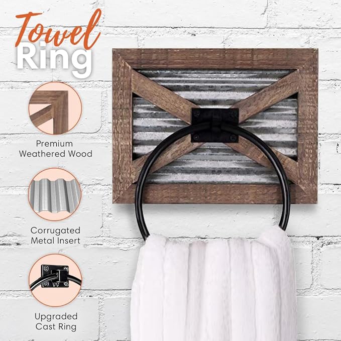 Autumn Alley Rustic Towel Holder for Bathroom, Farmhouse Hand Towel Holder, Rustic Towel Rack Holder, Wall Mounted, Western Bathroom Decor, Wood Country Decor, Galvanized Metal, Black Ring