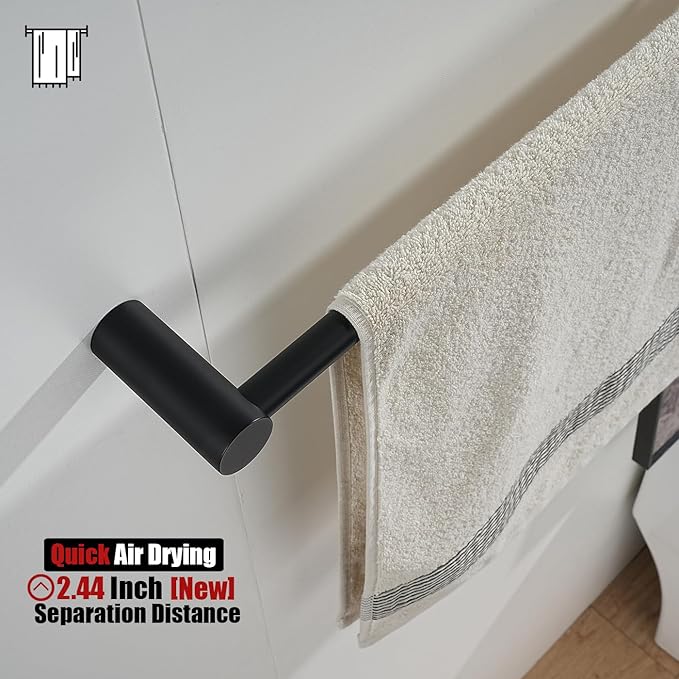 JQK Towel Bar Black, 18.5 Inch 304 Stainless Steel Thicken 0.8mm 2 Pieces Towel Rack Bathroom Wall Mount, Useable Length 16 Inch, TB610L16-PB