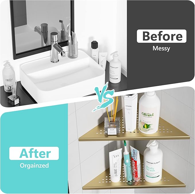 Qeke 2 Pack Bathroom Corner Shelf, Recessed 12" Corner Shower Shelf, SUS304 Stainless Steel Triangular Wall Mount, No Drilling, Brushed Golden