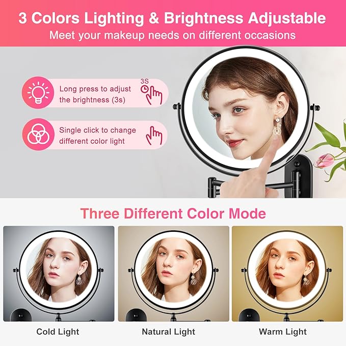 GREENFROM Magnifying Mirror with Lights 1x/15x Rechargeable: 8.5 inch Wall Mounted Lighted Makeup Mirror for Bathroom