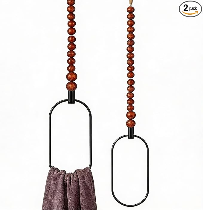 LemonRoad 2 Pcs Boho Towel Ring Holder Rustic Wooden Bead Hand Towel Holder Wall Mounted Bathroom Accessories Farmhouse Decor for Bathroom Wall 22 Inch
