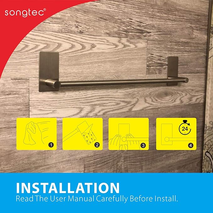 Adhesive Bath Towel Bar 24-inch, No Drill Stick On Towel Rack, Easy Install with Self-Adhesive, Premium SUS304 Stainless Steel (Brush Nickle, 24)