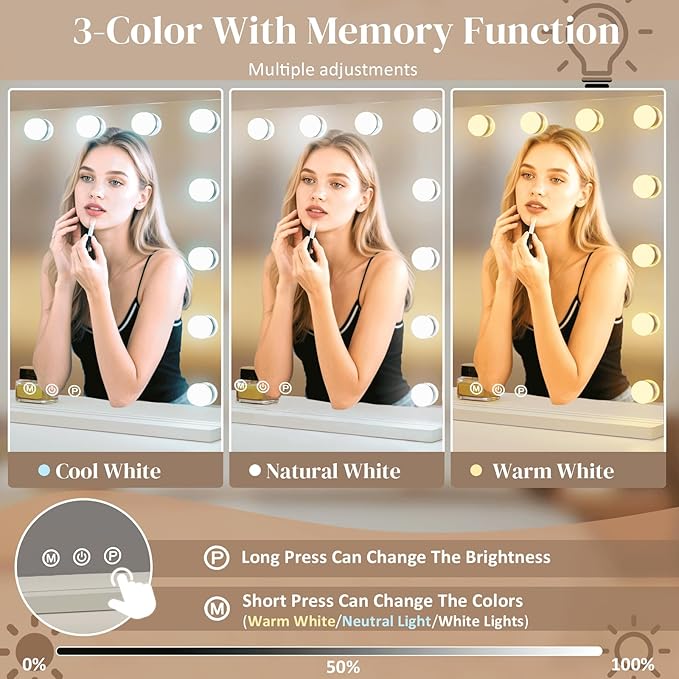 Hollywood Vanity Mirror, 15 Led Bulbs，3 Color Lights，Beautiful Make Up Lighted Mirror, Aluminum Metal Frame（23" x 18"）