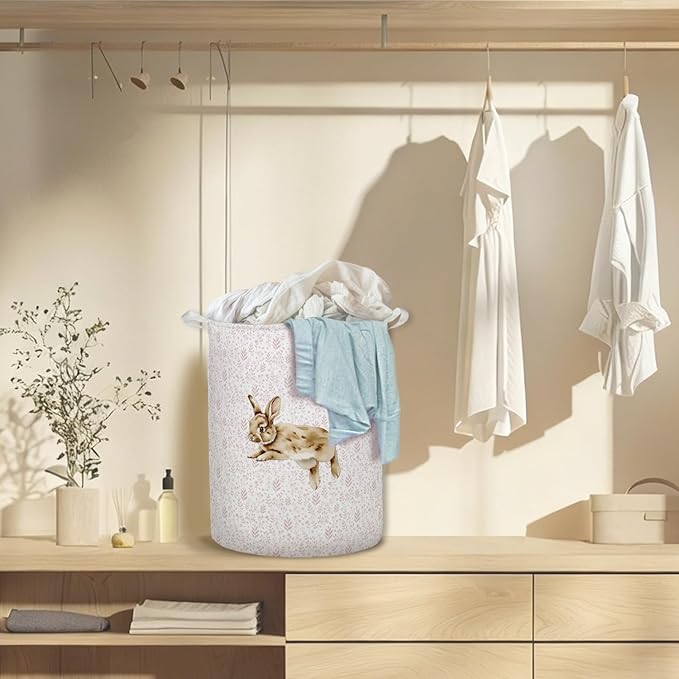 Pink Floral Bunny Laundry Basket Hamper, Bunny Nursery Decor, Pastel Wildflower Rabbit Foldable Clothes Toys Books Storage Box Bins Baskets Organizer for Girls Kids Bedroom Bathroom