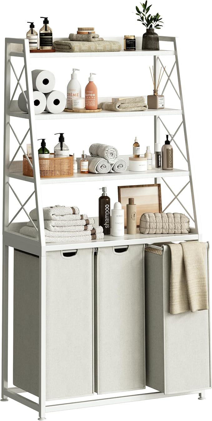 Herture Laundry Basket, 3 Section Laundry Hamper with 4 Tiers Shelf, Pull-Out and Removable Laundry Bags, Large 3 x 15.87 Gallons, for Laundry Room Bathroom White PF05XLW
