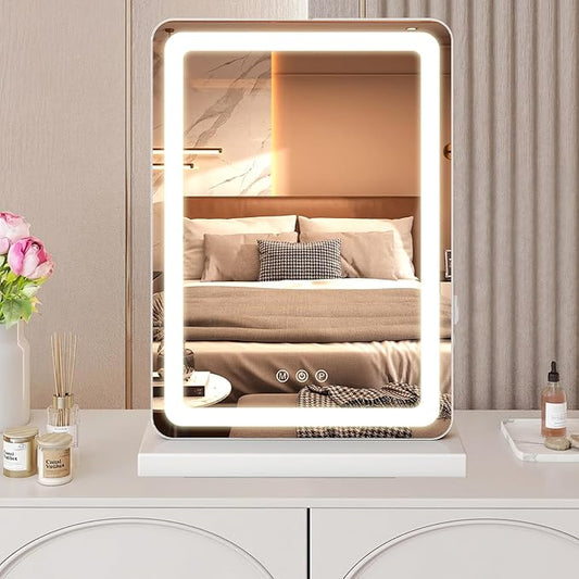 NEWBULIG 18"x13" LED Vanity Mirror with Lights, Lighted Smart Tabletop Makeup Mirrors for Desk, Touch Control Dimmable Brightness, 3 Color Lighting Modes