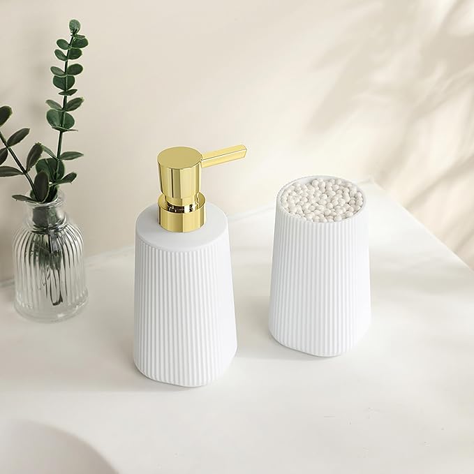YAUKPH Bathroom Accessories Set 2 Piece Soap Dispenser and Toothbrush Holder for Bathroom Countertop Striped White and Gold