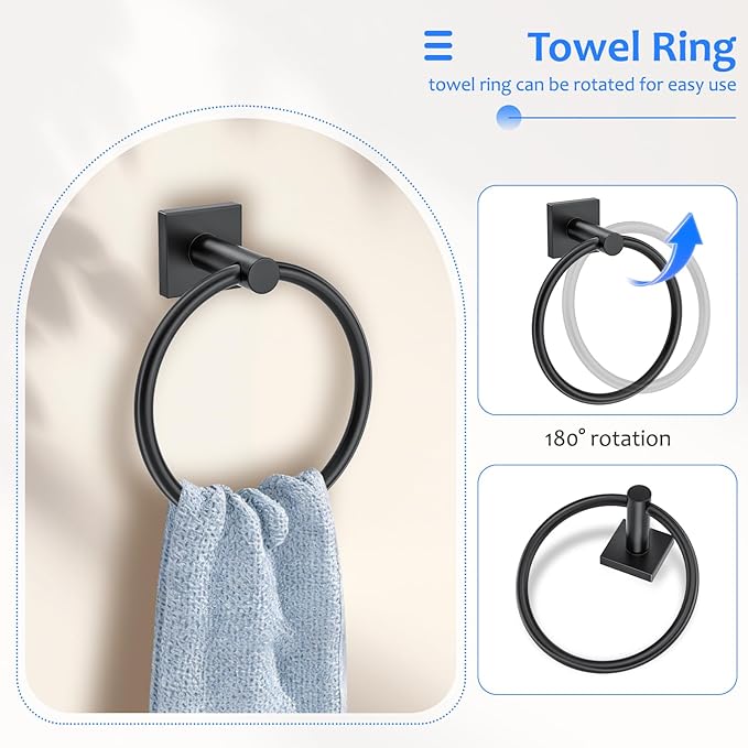 5 Pieces Bathroom Hardware Accessories Set Matte Black Towel Bar Set Stainless Steel Wall-Mounted Towel Holder 23.6 Inch Towel Racks for Bathroom