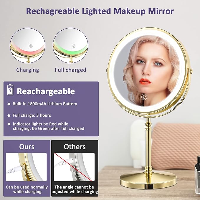 Gold Makup Mirror with Lights, 10X Magnifying Lighted Vanity Mirror, 8 Inches 360 Swivel Two-Sided Tabletop Mirror Gold Finish
