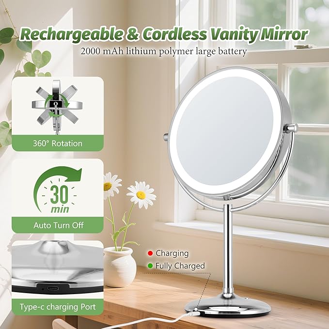 9" Large Lighted Makeup Mirror with Magnification 20X/1X, Magnifying Mirror with Base Charging and Switch, Rechargeable Vanity Mirror with 3 Color Dimmable Lights for Dresser, Bathroom