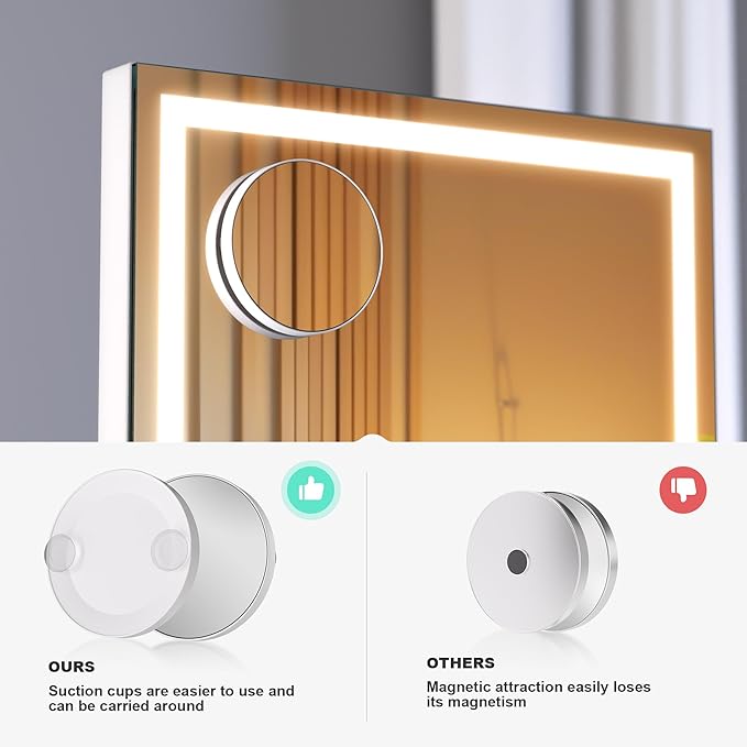 Hasipu Vanity Mirror with Lights and Bluetooth Speaker, 11.4" x 13.8" LED Makeup Mirror with 10X Magnification, Smart Touch 3 Colors Dimmable, Brightness Adjustment, 360° Rotation, White