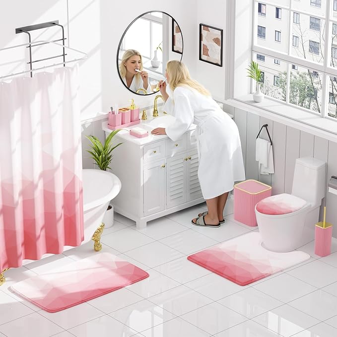 XLHOMO Bathroom Accessory Set - 26PC Bathroom Shower Curtain and Rug Set, Bathroom Accessories Set, Pink Bathroom Set with Trash Can, Toilet Brush, Qtip Holder & Soap Dispenser