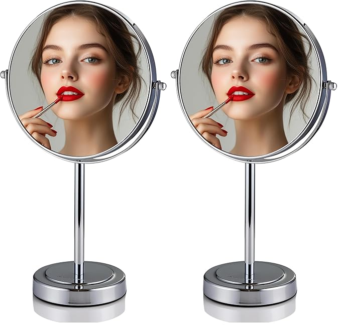 OVENTE 8" Tabletop Mirror, 1X & 7X Magnification, Adjustable Double Sided Round Table Mirror, Flip for Closeup View, Compact for Cubicle, Vanity and Travel, Polished Chrome MNLMT80CH1X7X (Pack of 2)