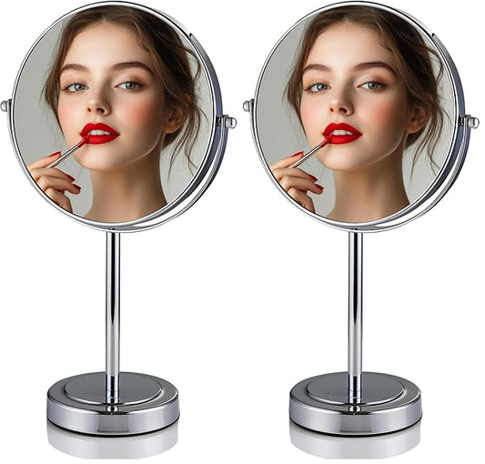 OVENTE 8" Tabletop Mirror, 1X & 7X Magnification, Adjustable Double Sided Round Table Mirror, Flip for Closeup View, Compact for Cubicle, Vanity and Travel, Polished Chrome MNLMT80CH1X7X (Pack of 2)