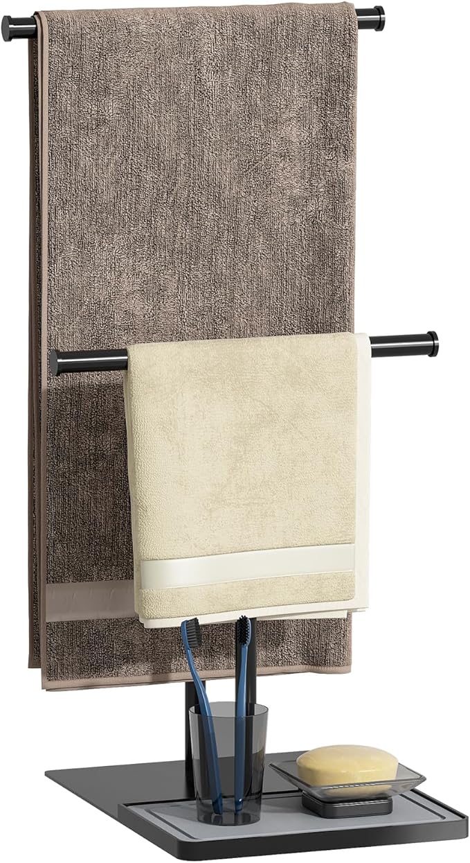 NADAMOO Towel Holder Stand, Adjustable Height 13.8"-24" Freestanding Double Bar Towel Rack with Stone Drying Tray, Wide Weighted Base, Rustproof Black Metal, for Bathroom, Kitchen Countertop