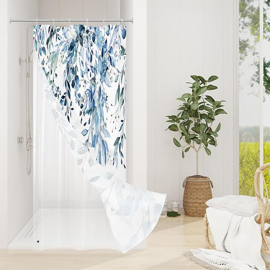 Gibelle Small Stall 3 in 1 Shower Curtain Set,Eucalyptus Bath Curtain with PEVA Liner Set and 12 Metal Hooks, Modern Waterproof Fabric Bathroom Curtain 36x72, Blue