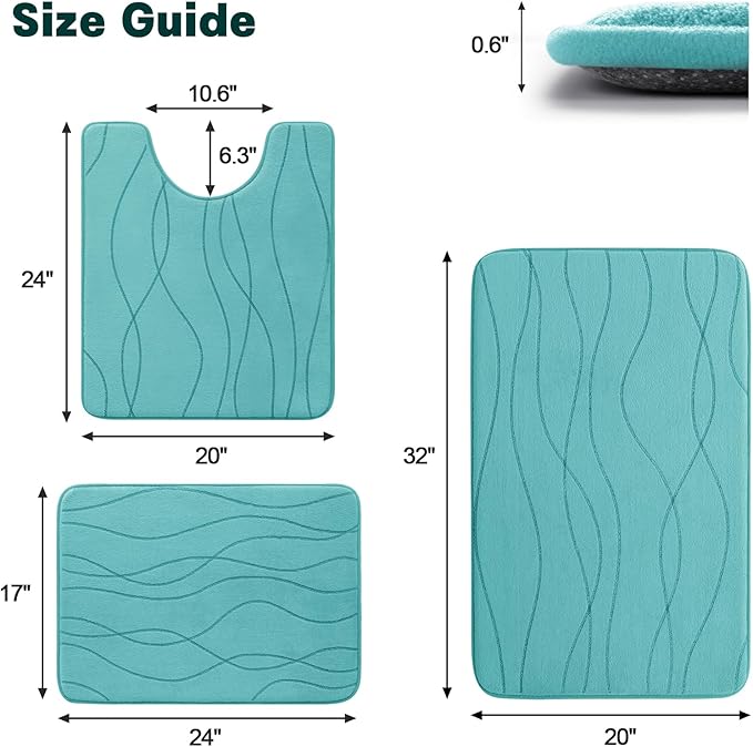 YIHOUSE Memory Foam Bathroom Rug Sets 3 Piece, Ultra Absorbent Bath Mat for Bathroom - Non-Slip Machine Washable & Dry Quickly, 3 Piece Bathroom Mat Set,Teal
