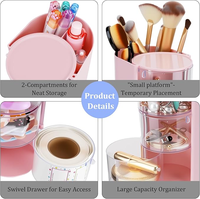 3-Tier Clear Hair Accessories Organizer with Makeup Brush Holder, Rotatable Jewelry Storage Box with Cute Stickers for Bows & Clips, Desktop Organizer Case for Bathroom Vanity Countertop（Pink）