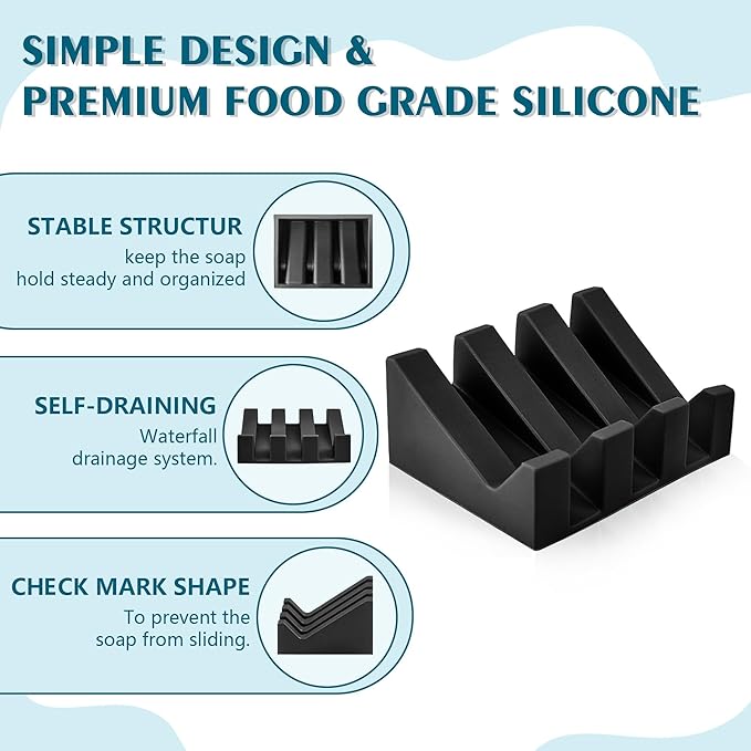 Self Draining Soap Dish Holder,Silicone Soap Dish,for Bathroom,Kitchen, Sponges，Can Extend Soap Life，Keep Soap Bars Dry and Easy Cleaning (Black,3-Pack)