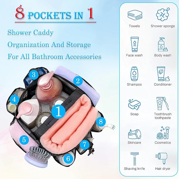 Mesh Shower Caddy Portable for College Dorm Room Essentials, 8-Pocket Large Capacity Shower Tote Toiletry Bag Basket, Quick Dry Hanging Organizer for Bathroom, Gym, Camp, Travel, Cruise, Beach