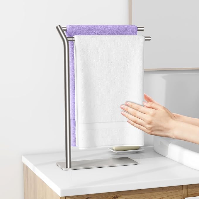 LSK Hand Towel Stand, Stainless Steel Bathroom Towel Holder Stand, Curved F-Shaped Countertop Towel Stand with Heavy Base, 16.6 Inch, Brushed Nickel