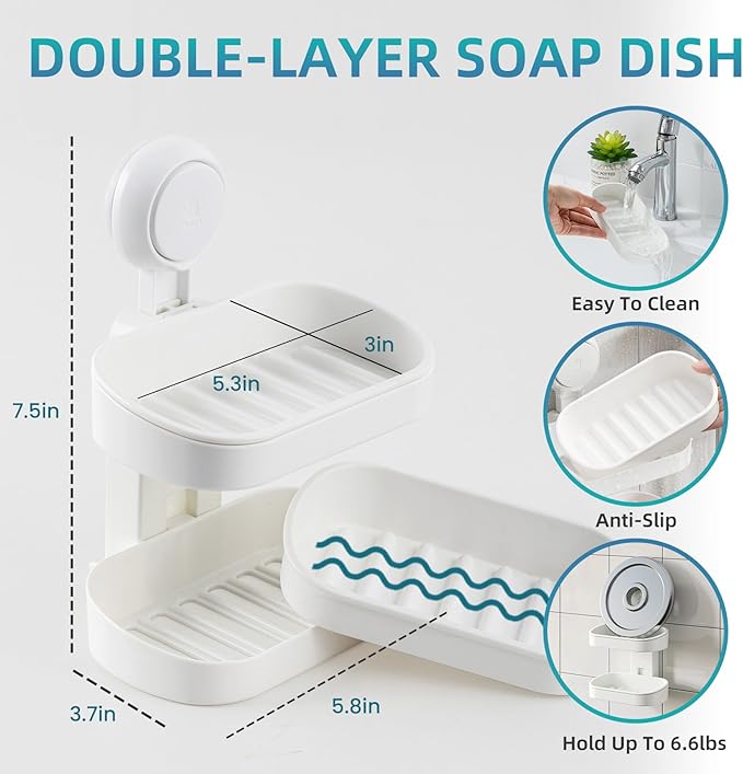 TAILI Soap Holder Soap Dish for Shower, Suction Cup Soap Holder for Shower Wall, Bathroom Accessories, Removable Strong Hold Soap Saver, Drill Free Double Soap Dish, White 2 Layer