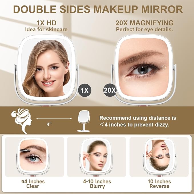 Mocado Makeup Mirror with Lights, 1X/20X Magnifying Mirror with Light, Vanity Mirror with 3 Colors Lights, Height Adjustable Lighted Makeup Mirror, Double Sided 360°Rotation, Memory Function (White)