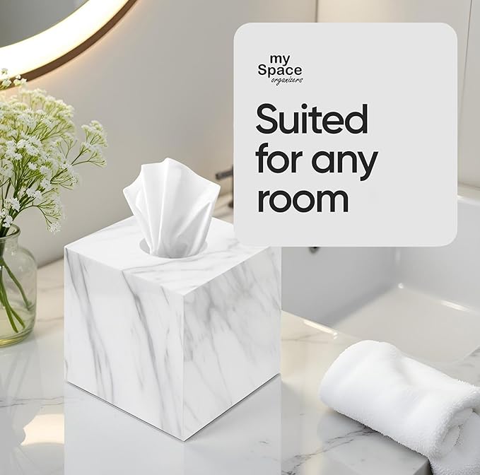 Tissue Box Cover Holder Square Marble Tissue Box Holder Bathroom Vanity Nightstand Bedroom Livingroom Decorative Decor Toilet Organizer Tissues (Marble, Square)
