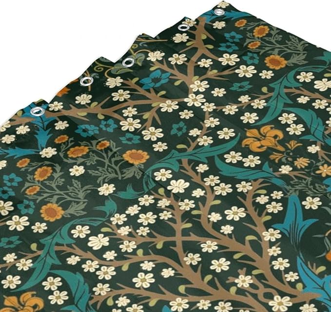 Mid Century Vintage Daisy Fabric Shower Curtain,Green Garden Flower William Morris Abstract Art Hotel Quality,Machine Washable,72L x66W for Bathroom.