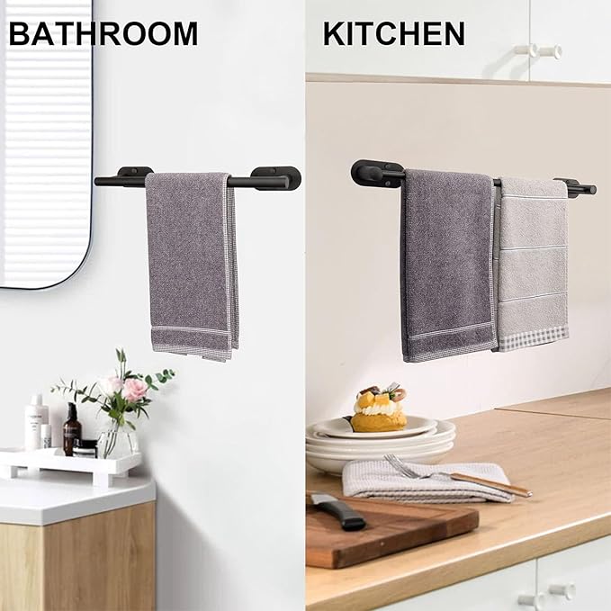 TocTen Self Adhesive Towel Bar, Stick Bath Towel Rack for Bathroom Adjustable 16-24", Stainless Steel Bathroom Towel Holder, No Drill Stick on Wall Towel Hangers for Bathroom, Kitchen (Matte Black)