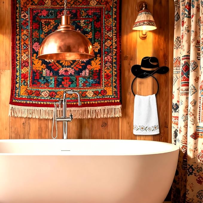 MAYJOYDIY Cowboy Hat Metal Towel Ring Round Hat Hand Towel Holder Ring Hanger Wall Mount Black Vintage Towels Wall Organizer for Kitchen Bath Home Laundry Room Decors Gifts