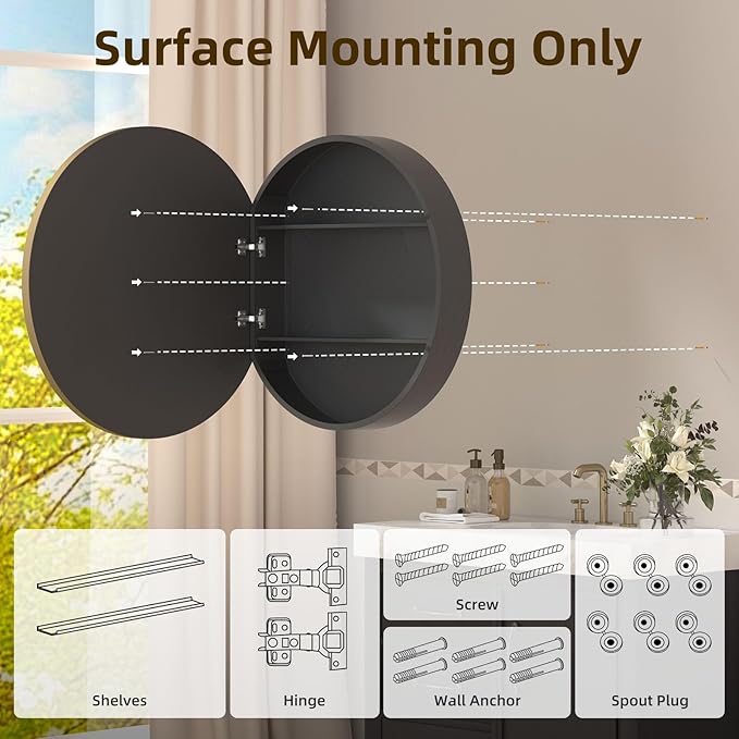 28 x 28 Inch Round Medicine Cabinet with Mirror,Gold Circular Bathroom Cabinet Wall Mounted,Metal Framed Mirror Medicine Cabinet with Adjustable Shelves for Bathroom Vanity