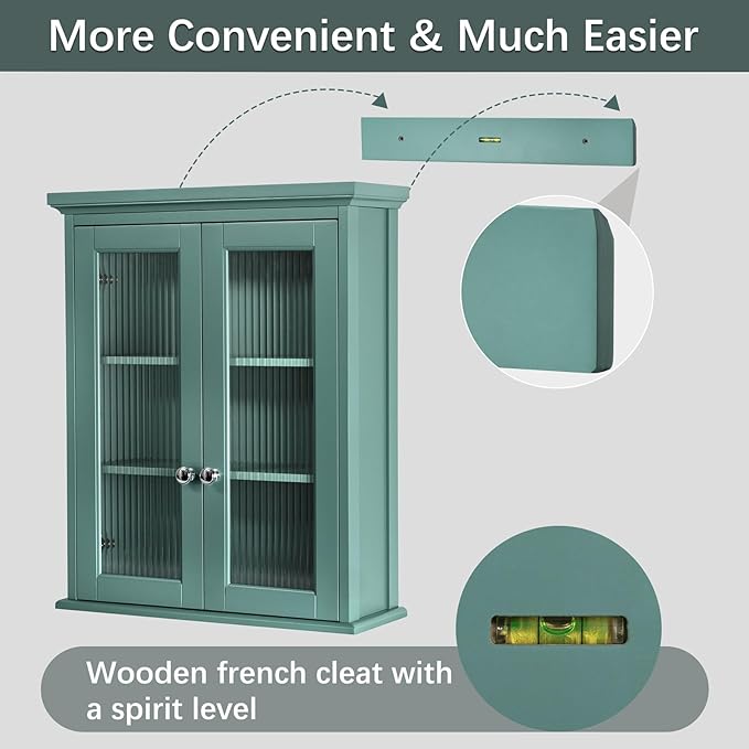 Wall Mounted Bathroom Cabinet with Fluted Glass Doors, Medicine Cabinet with Soft-Close Hinges, Space Saving Wall Organizer for Bathroom Above Toilet Storage (Halcyon Green)