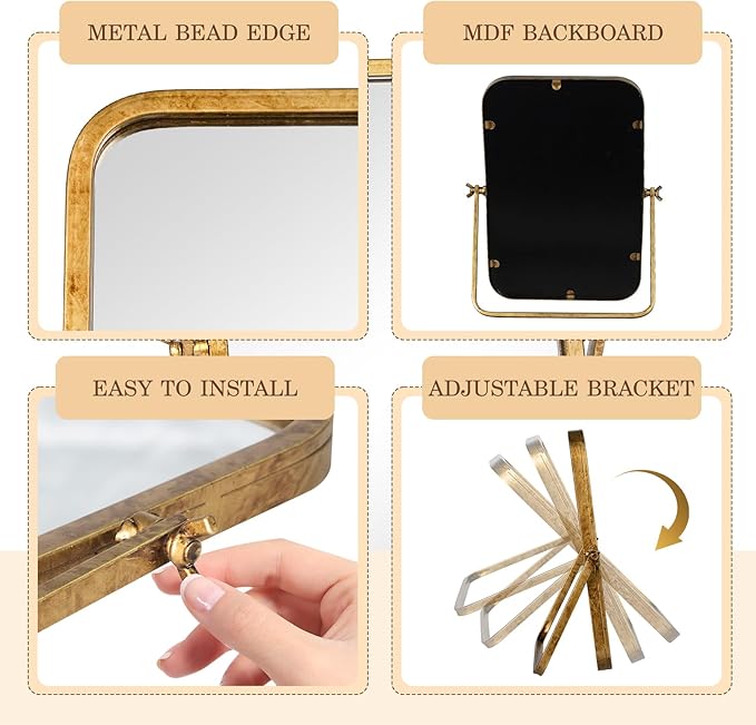 Vintage Makeup Desk Mirror, 12" L x 7.9" W Antique Gold Vanity Table Mirror, Metal Framed Rectangular Small Standing Mirrors, 360 Adjustable Rotation Mirrors for Tabletop, Bathroom