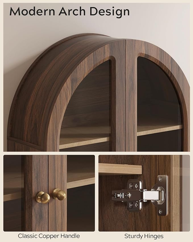 EYYTHUNG Brown Arched Wall Cabinet, Large Wood Bathroom Medicine Cabinet Wall Mounted Cupboard, Modern Floating Storage Cabinet with Acrylic Door Adjustable Shelf, Wood Organizer (Brown-Oak)