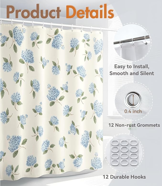 MAMUSE Shower Curtain for Bathroom - Cute Aesthetic Decorative Modern Girly Unique Girls Design Pretty Women Waterproof Fabric Cloth Cortinas de Baño Bathtub 72 x 72 Inch, Small Blue Flower